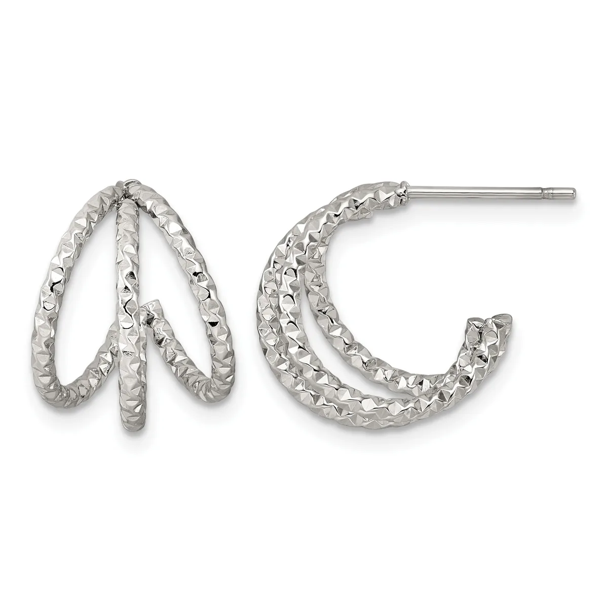 Pair of silver textured hoop earrings with diamond-cut surface pattern, shown from front and side views.