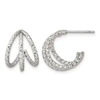Pair of silver textured hoop earrings with diamond-cut surface pattern, shown from front and side views.