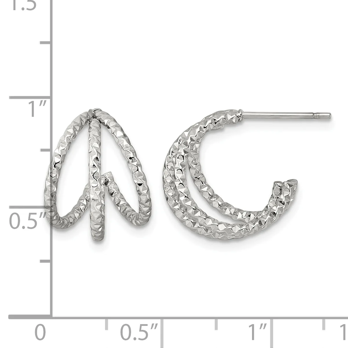 Pair of textured silver curved hoop earrings with post backs, displayed against a measurement scale showing approximately one inch in length.