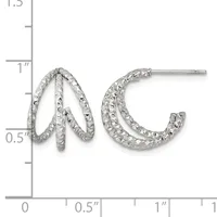 Pair of textured silver curved hoop earrings with post backs, displayed against a measurement scale showing approximately one inch in length.