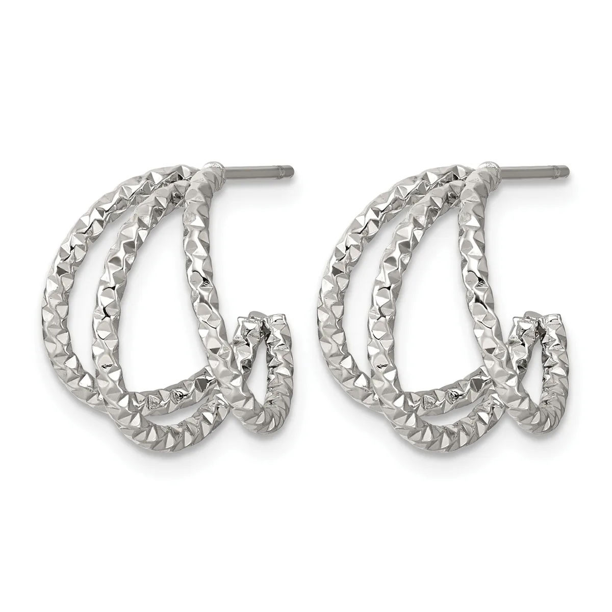 Pair of silver-toned double hoop earrings with textured surface and post closures, displayed against a white background.