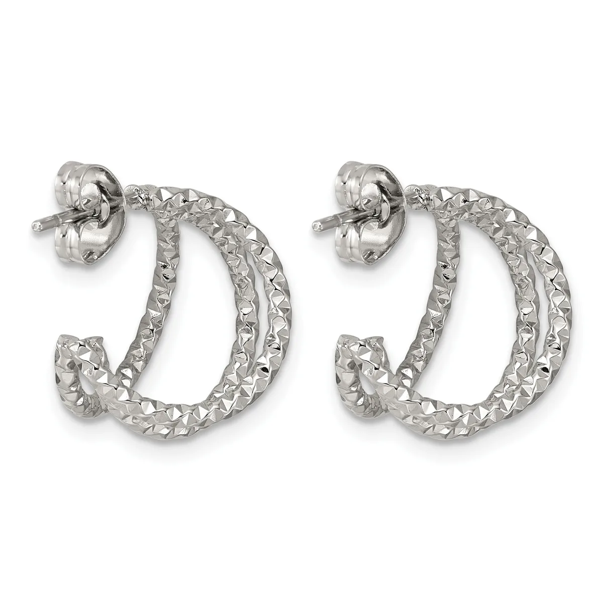 Pair of silver-toned chunky chain hoop earrings with textured surfaces and post backs, shown against a white background.