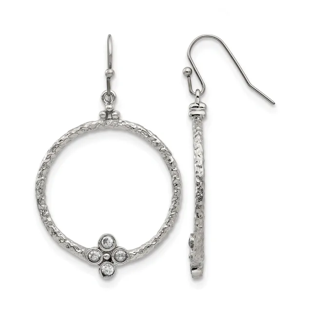 Pair of silver textured oval hoop earrings with cubic zirconia accents at the bottom, shown with fish hook closures.