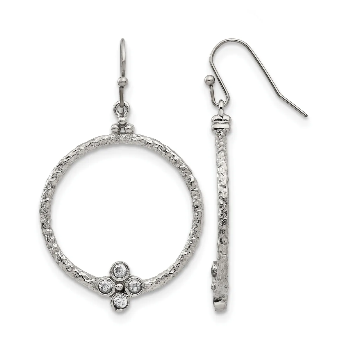 Pair of silver textured oval hoop earrings with cubic zirconia accents at the bottom, shown with fish hook closures.