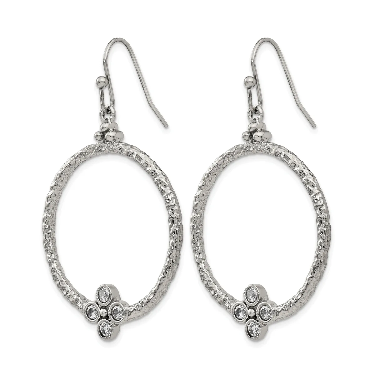 Pair of silver-tone oval drop earrings with textured borders and small cross-shaped crystal embellishments at the bottom, suspended from fish-hook wires.