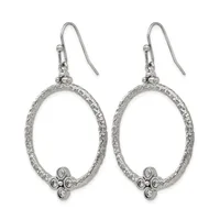 Pair of silver-tone oval drop earrings with textured borders and small cross-shaped crystal embellishments at the bottom, suspended from fish-hook wires.
