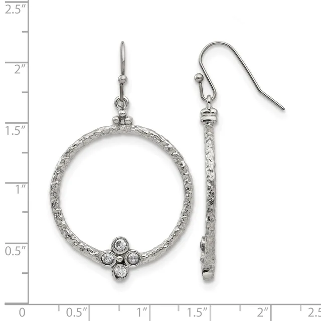 Silver-tone drop earrings with textured circular hoops decorated with small rhinestones at the bottom, displayed against a ruler showing measurements up to 2.5 inches.