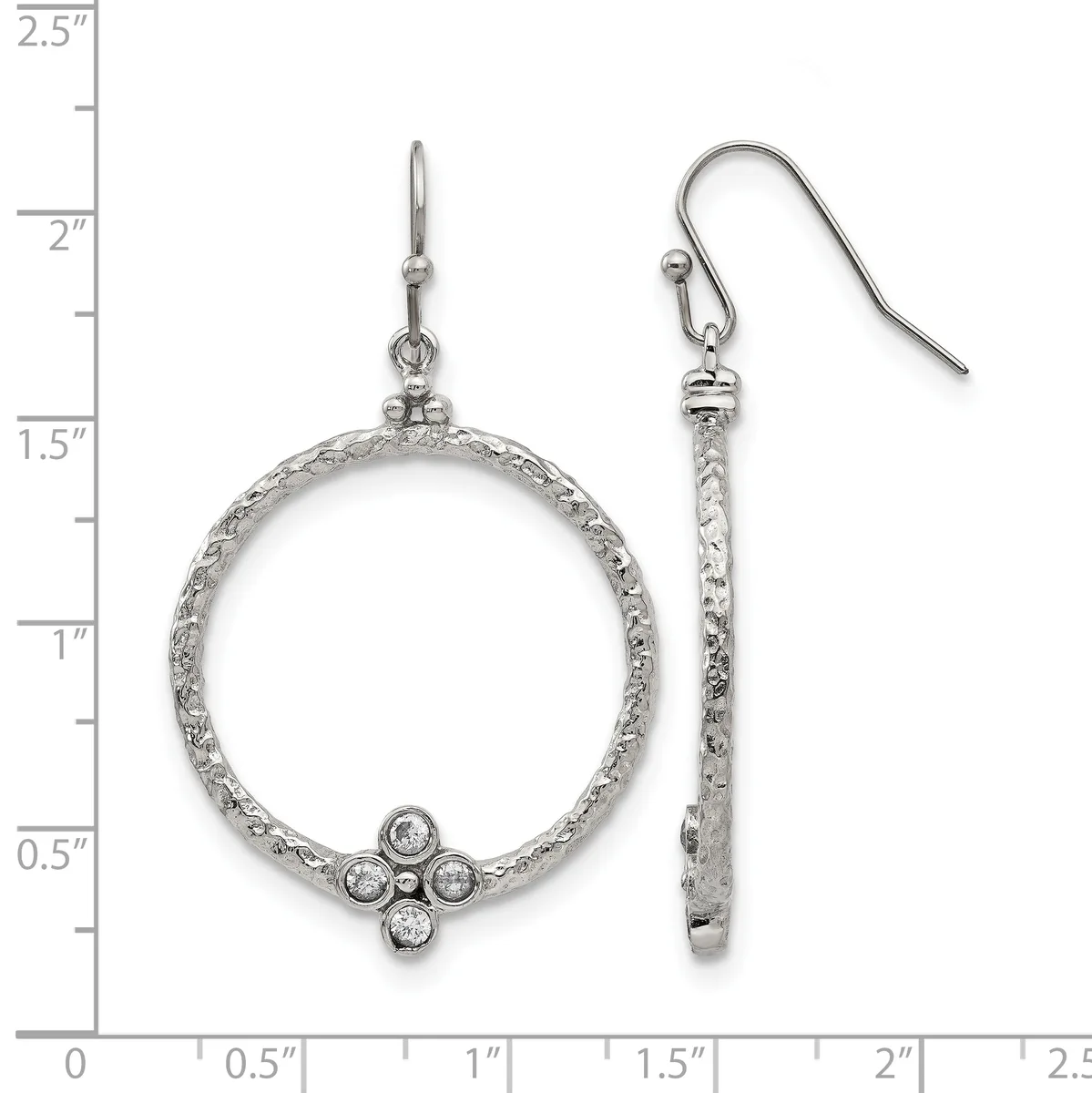 Silver-tone drop earrings with textured circular hoops decorated with small rhinestones at the bottom, displayed against a ruler showing measurements up to 2.5 inches.