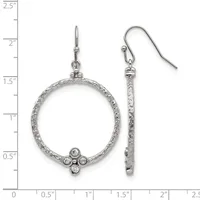 Silver-tone drop earrings with textured circular hoops decorated with small rhinestones at the bottom, displayed against a ruler showing measurements up to 2.5 inches.