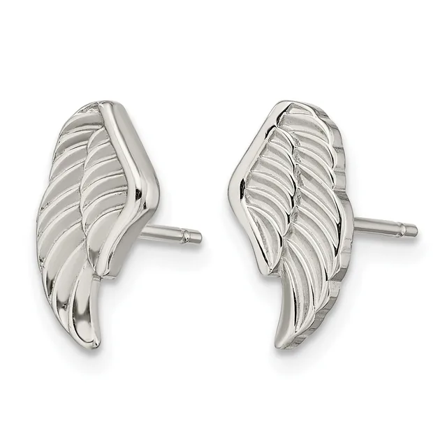 Pair of silver wing-shaped stud earrings with detailed feather etching, shown from front and back views against a white background.
