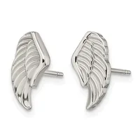 Pair of silver wing-shaped stud earrings with detailed feather etching, shown from front and back views against a white background.