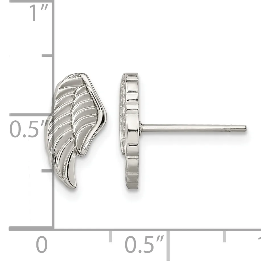 Silver wing-shaped stud earrings shown front and back views with a measurement scale indicating approximately 0.5 inches wide and 1 inch tall.