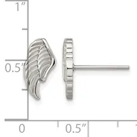 Silver wing-shaped stud earrings shown front and back views with a measurement scale indicating approximately 0.5 inches wide and 1 inch tall.