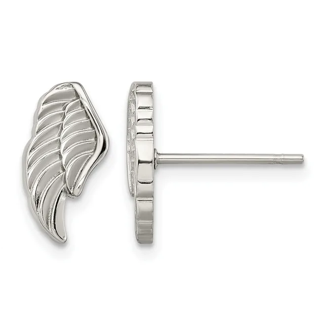 Pair of silver wing-shaped stud earrings shown from front and back views, featuring linear striped detailing and posts with backing.