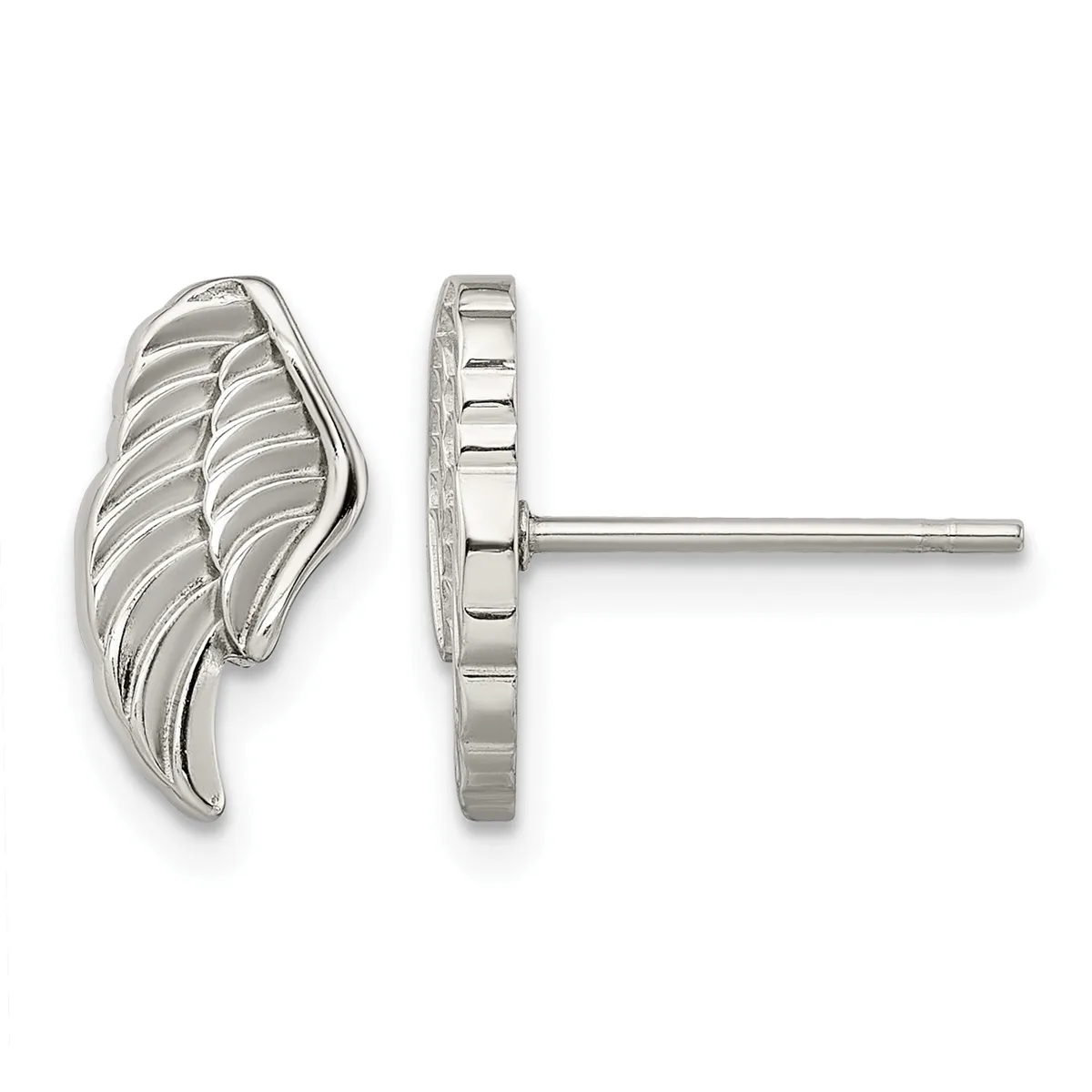 Pair of silver wing-shaped stud earrings shown from front and back views, featuring linear striped detailing and posts with backing.