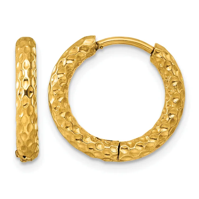 A pair of gold hoop earrings with a textured hammered surface, shown from the front and side view.