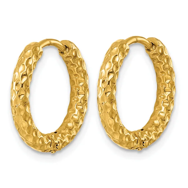 A pair of gold hoop earrings with a textured, dimpled surface finish shown against a white background.