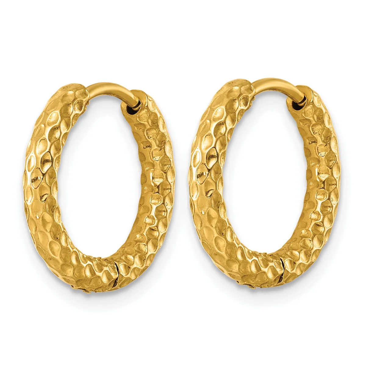Pair of gold hoop earrings with textured hammered surface and hinged closures, displayed against a white background.