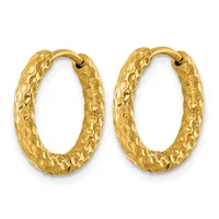 Pair of gold hoop earrings with textured hammered surface and hinged closures, displayed against a white background.