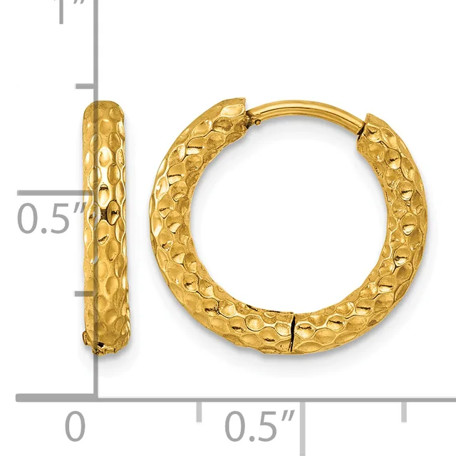 A pair of gold textured hoop earrings with a hammered surface finish, shown next to a ruler indicating they are approximately one-half inch in width.