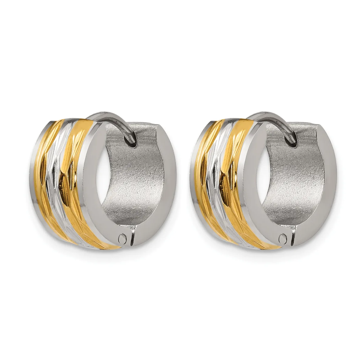 A pair of stainless steel and gold-tone striped chunky hoop earrings with hinged closures, shown from the front.