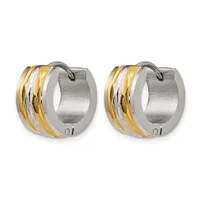 A pair of stainless steel and gold-tone striped chunky hoop earrings with hinged closures, shown from the front.