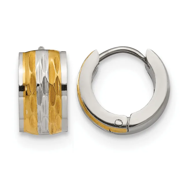 Two-tone gold and silver huggie hoop earrings with textured striped pattern, shown from front and side views.