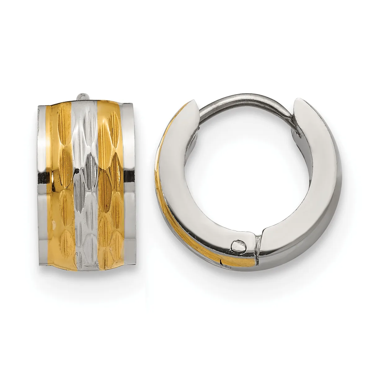 Two-tone gold and silver huggie hoop earrings with textured striped pattern, shown from front and side views.