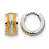 Two-tone gold and silver huggie hoop earrings with textured striped pattern, shown from front and side views.