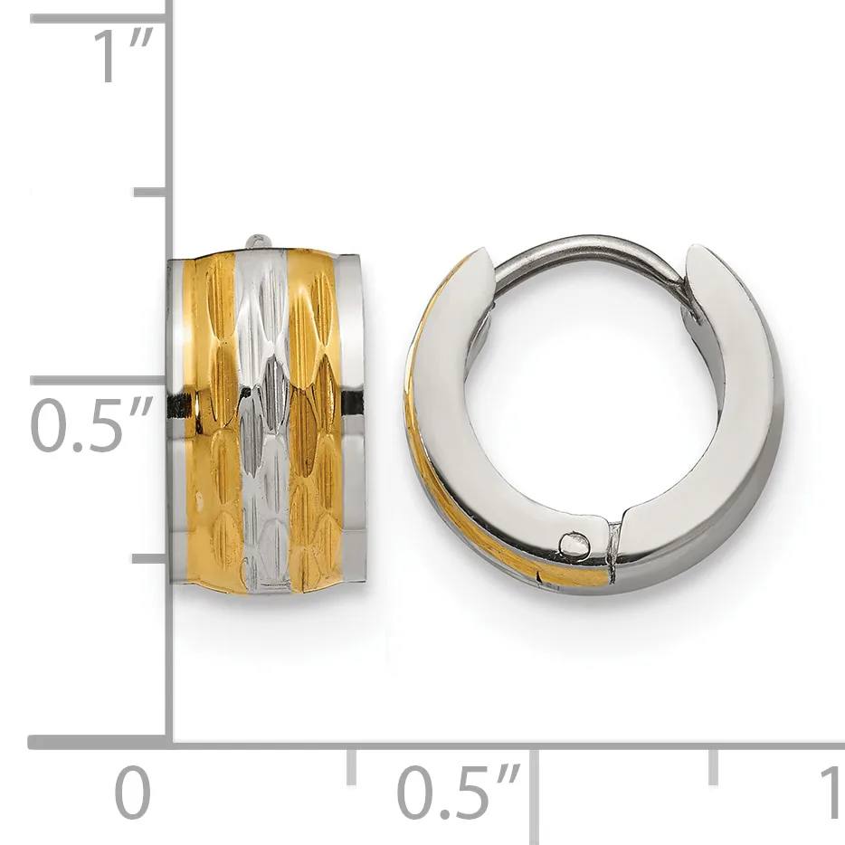 Two-tone gold and silver textured huggie earrings shown front and side view against a measurement scale indicating approximately half-inch diameter.