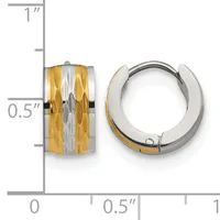 Two-tone gold and silver textured huggie earrings shown front and side view against a measurement scale indicating approximately half-inch diameter.