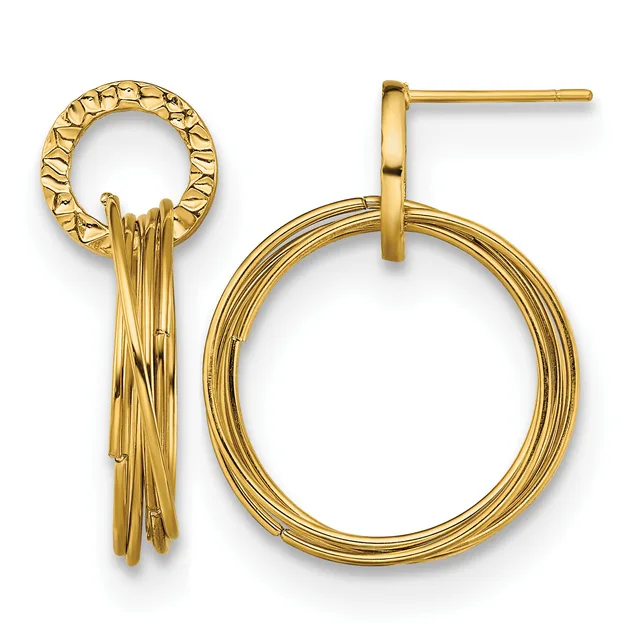 Pair of gold-colored drop earrings with textured circular studs and dangling striated oval loops.