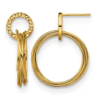 Pair of gold-colored drop earrings with textured circular studs and dangling striated oval loops.