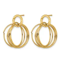 A pair of gold-toned stud earrings with textured posts attached to multiple stacked circular hoops of varying sizes.