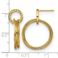Gold-toned dangle earrings with textured upper loops and smooth circular lower hoops, displayed next to a measurement scale showing approximately one inch in length.