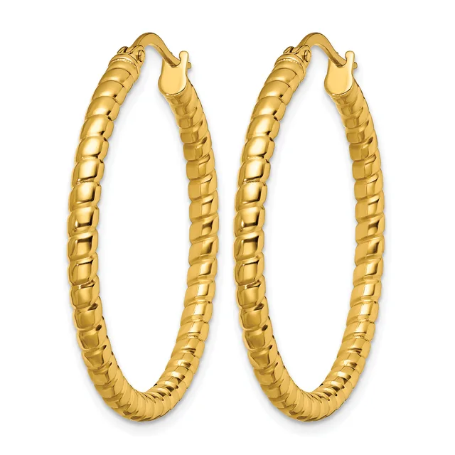 Pair of gold-toned textured hoop earrings with curved posts and hook closures, displayed against a white background.