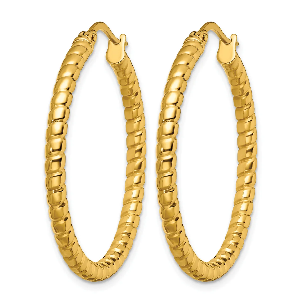 Pair of gold-toned textured hoop earrings with curved posts and hook closures, displayed against a white background.