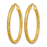 Pair of gold-toned textured hoop earrings with curved posts and hook closures, displayed against a white background.
