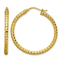 Pair of gold hoop earrings with textured segmented surface and post and clutch closures, shown from front and side views.