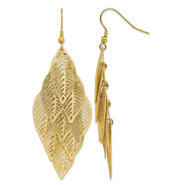 A pair of gold-toned leaf-shaped dangle earrings with detailed vein patterns, shown from front and back views.
