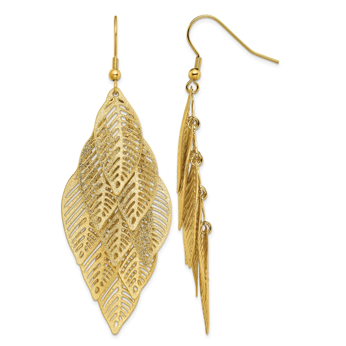 A pair of gold-toned leaf-shaped dangle earrings with detailed vein patterns, shown from front and back views.