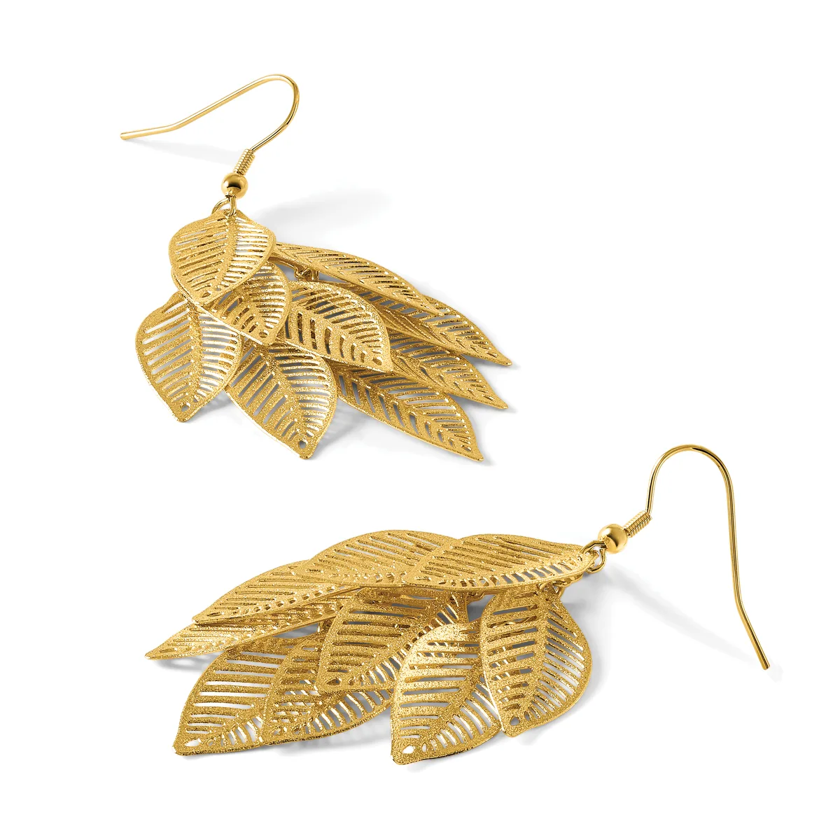 A pair of gold-toned leaf-shaped dangle earrings with detailed vein texturing, shown from two angles with fish hook closures.