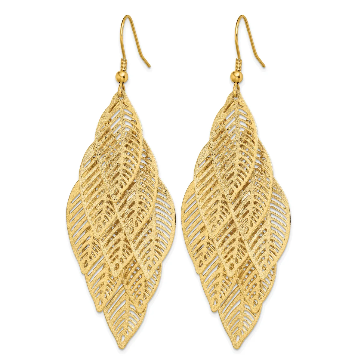 A pair of gold-toned filigree leaf-shaped dangle earrings with hook closures displayed against a white background.