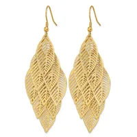 A pair of gold-toned filigree leaf-shaped dangle earrings with hook closures displayed against a white background.