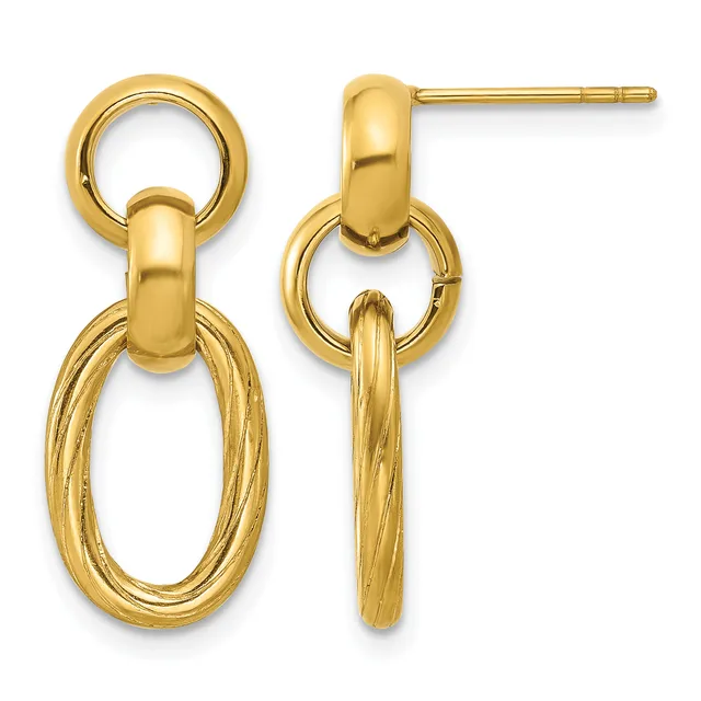 Pair of gold dangle earrings with polished round tops connected to textured oval loops, shown from front and side views.