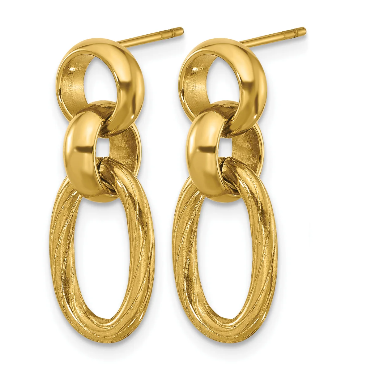 A pair of gold-colored dangling earrings with stud posts, each featuring two polished rounded links connected to a larger textured oval loop below.