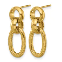 A pair of gold-colored dangling earrings with stud posts, each featuring two polished rounded links connected to a larger textured oval loop below.