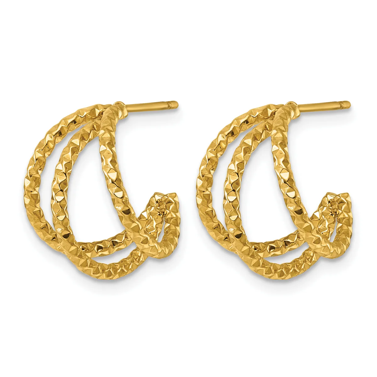 A pair of gold textured hoop earrings with a twisted rope pattern and post backs, displayed against a white background.