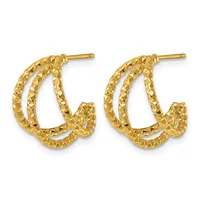 A pair of gold textured hoop earrings with a twisted rope pattern and post backs, displayed against a white background.