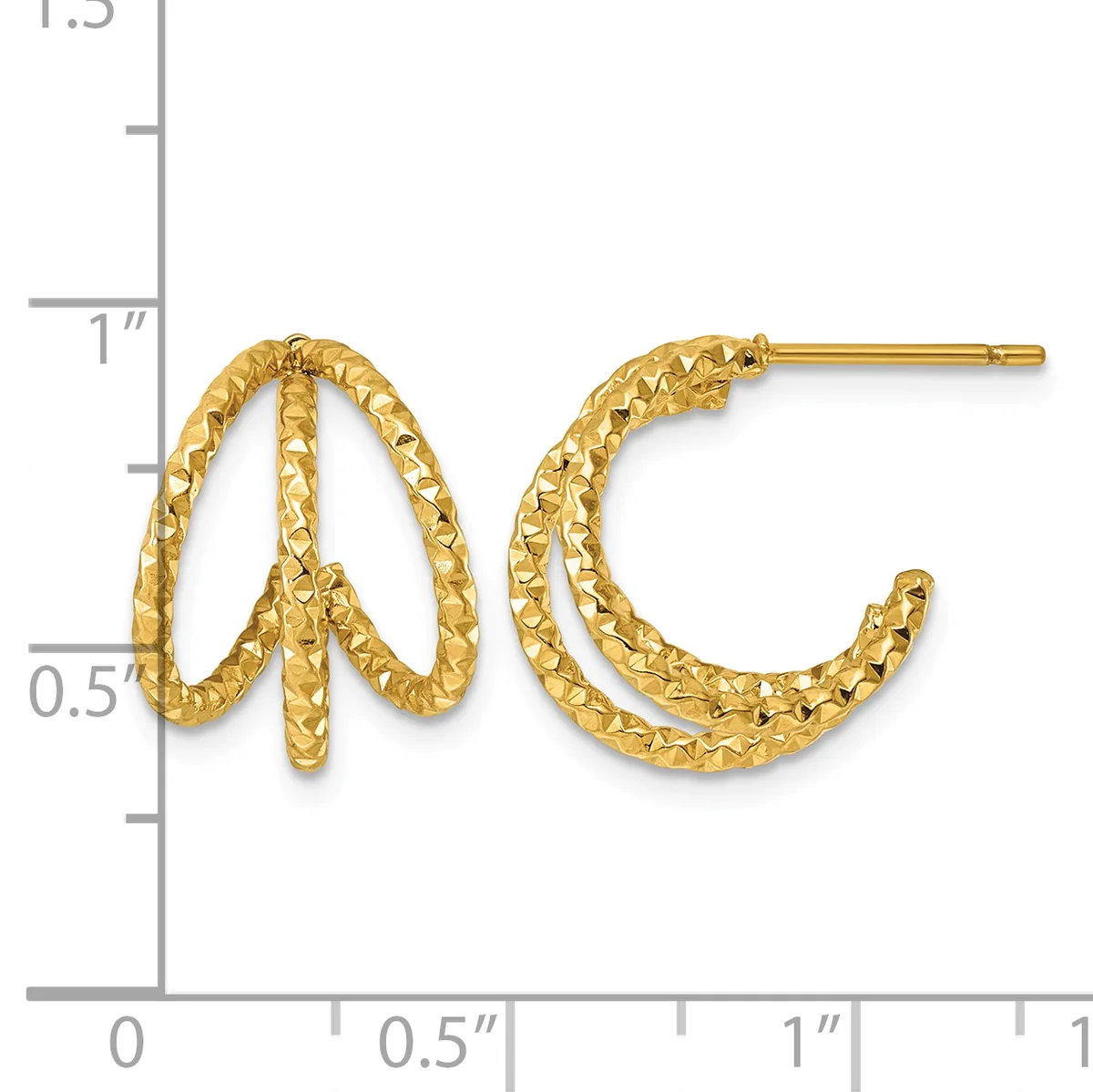 Gold textured wavy drop earrings displayed on a ruler showing approximately one inch in length.